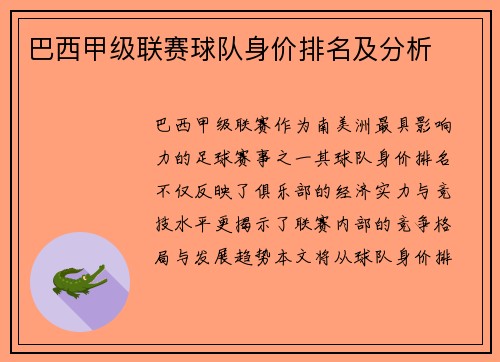 巴西甲级联赛球队身价排名及分析