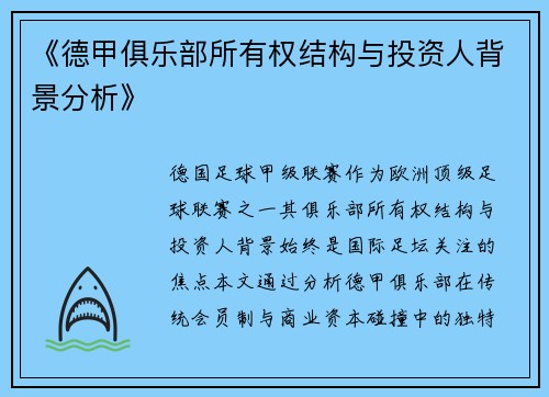 《德甲俱乐部所有权结构与投资人背景分析》
